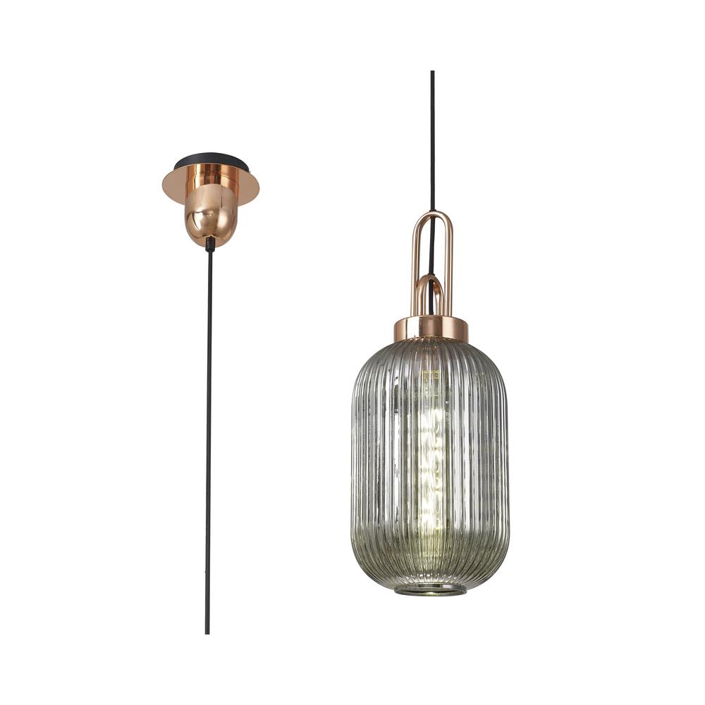 Luxuria Kennith Pendant Light E27 With 20cm Tubular Ribbed Glass Smoked Copper/Matt Black