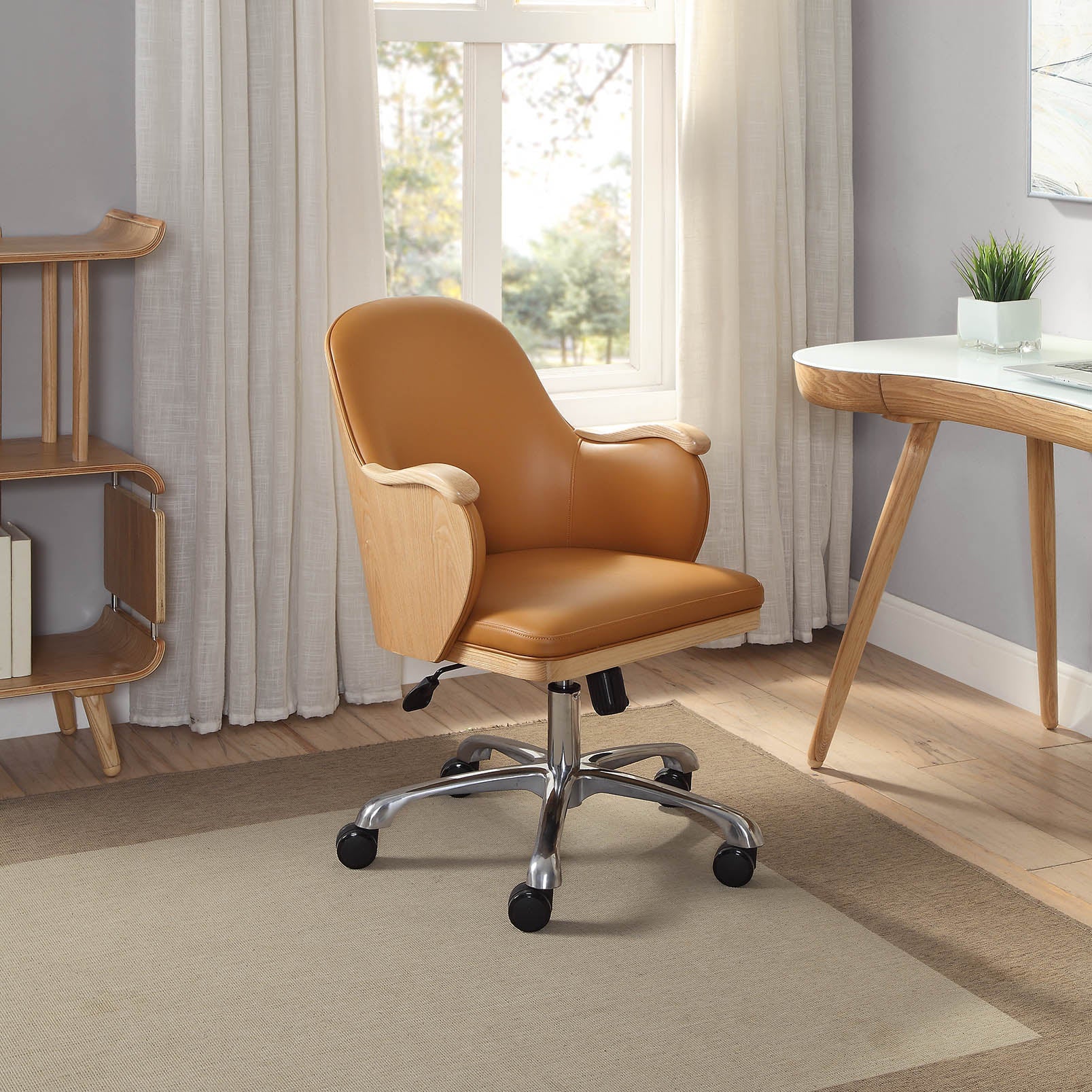 Stylish Faux Leather Office Chair with Oak Wood Veneer Shell - Tan - PC712 North Yourkshire