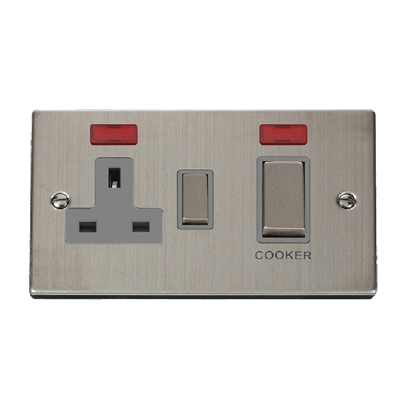 Click Deco 45A Ingot DP Switch with 13A Switched Socket and Neons Stainless Steel Insert Grey