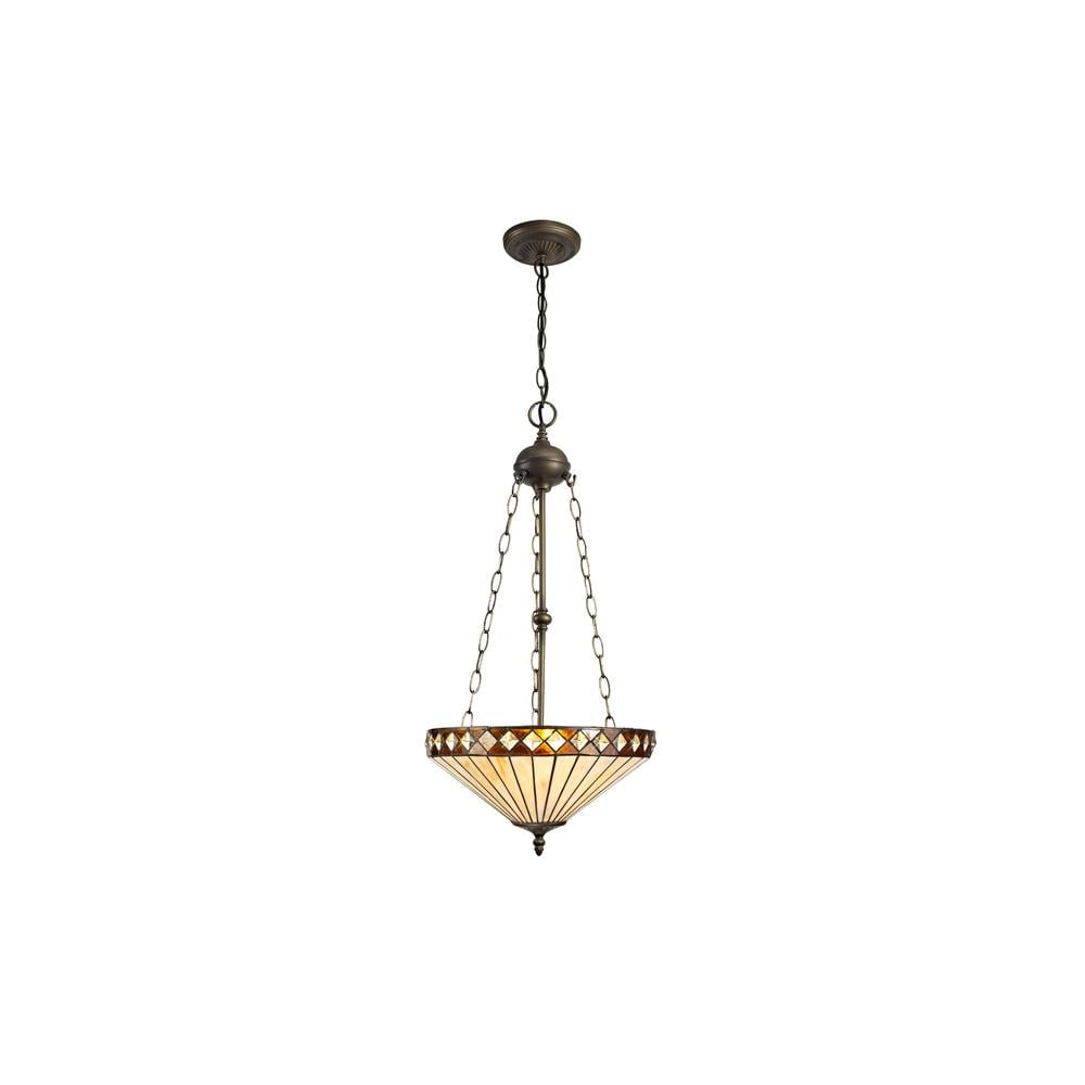 Luxuria Peacock Feather 41cm 3 Light Uplighter Pendant E27 With 40cm Tiffany Shade Amber/Cream/Crystal/Aged Antique Brass