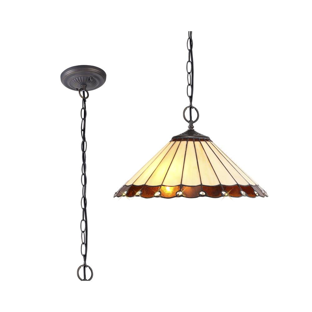 Luxuria Sleek 40.5cm 2 Light Downlighter Pendant E27 With 40cm Tiffany Shade Amber/Cream/Crystal/Aged Antique Brass