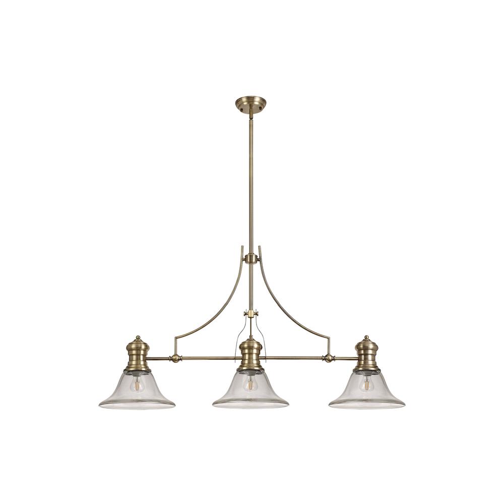 Luxuria Serena 3 Light Linear Pendant E27 With 30cm Smooth Bell Glass Shade Antique Brass Clear