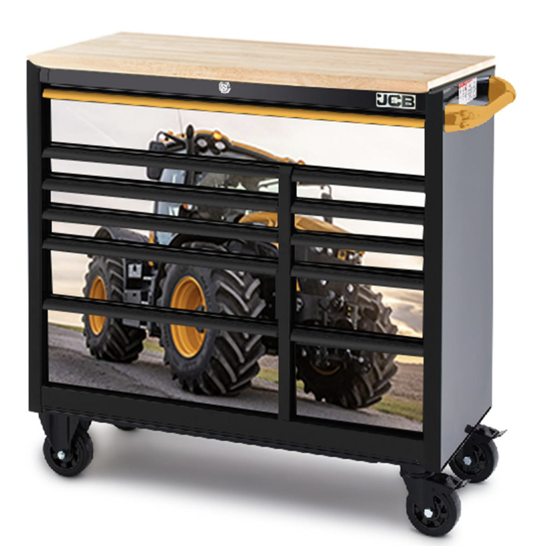 JCB 42’’ Roller Tool Cabinet, 11 Drawers, Steel With Hardwood Worktop And Fastrac Tractor Wrap 