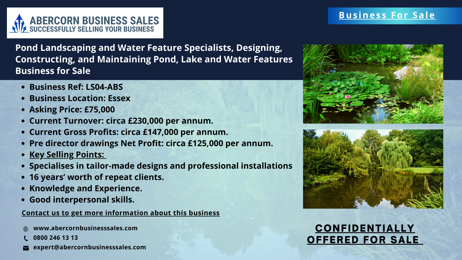 LS04-ABS -Long Established Pond Landscaping and Water Feature Specialists, Designing, Constructing, and Maintaining Pond, Lake and Water Features Business for Sale