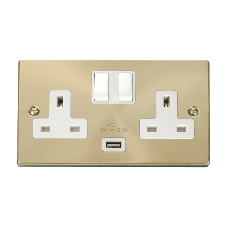 Click Deco 13A 2G Switched Socket With USB Outlet Satin Brass Insert White