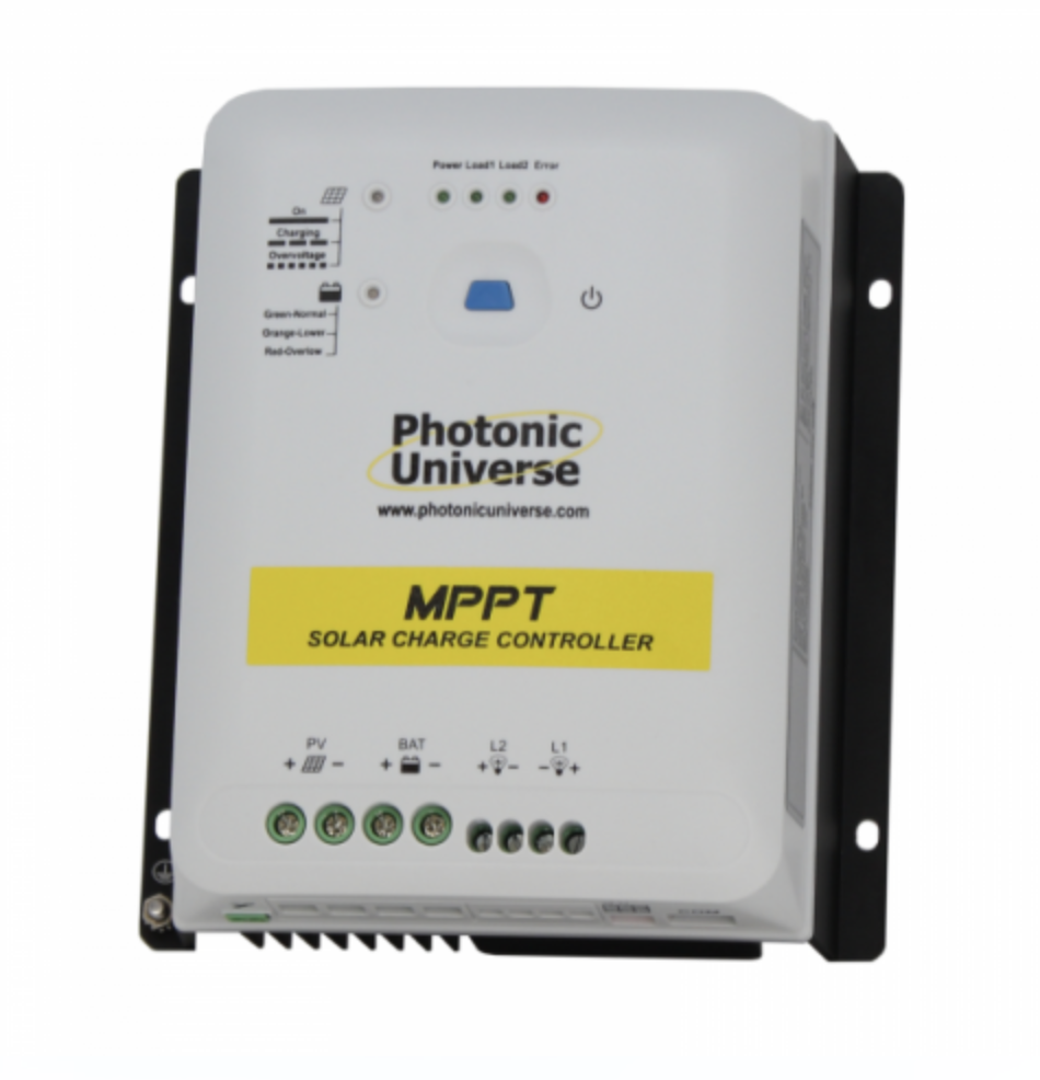 high efficiency 30a mppt solar charge controller with dual fixed load outputs for solar panels up to 390w (12v) / 780w (24v) up to 100v