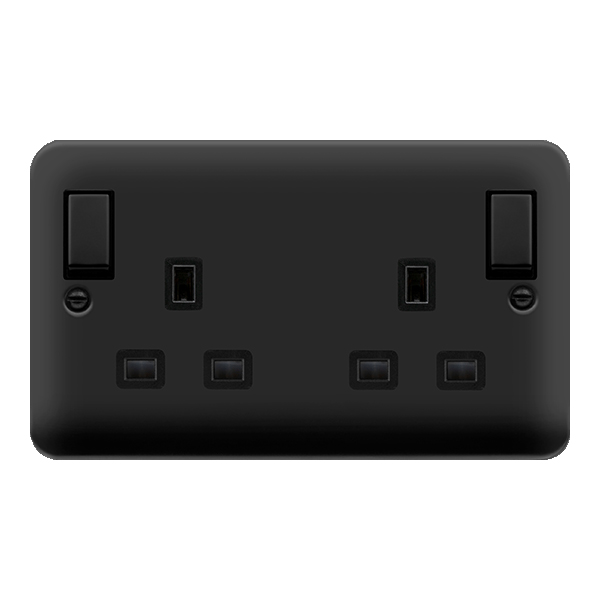 Click Deco Plus 13A Ingot 2G DP Switched Socket Outlet With Outboard Rockers Matt Black Black Inserts