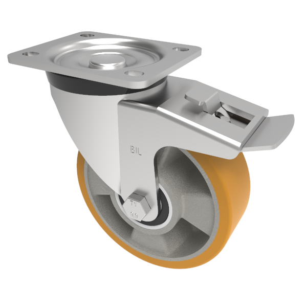 Polyurethane Aluminium Plate Swivel Castor Brake 125mm 300kg Load