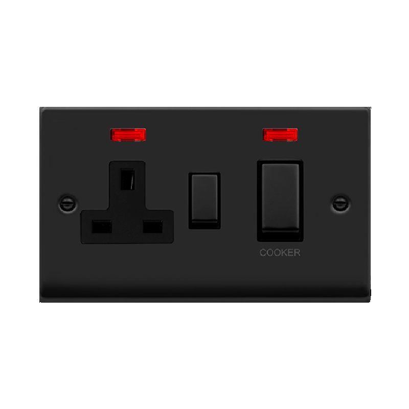 Click Deco 45A Ingot DP Switch with 13A Switched Socket and Neons Matt Black Insert Black