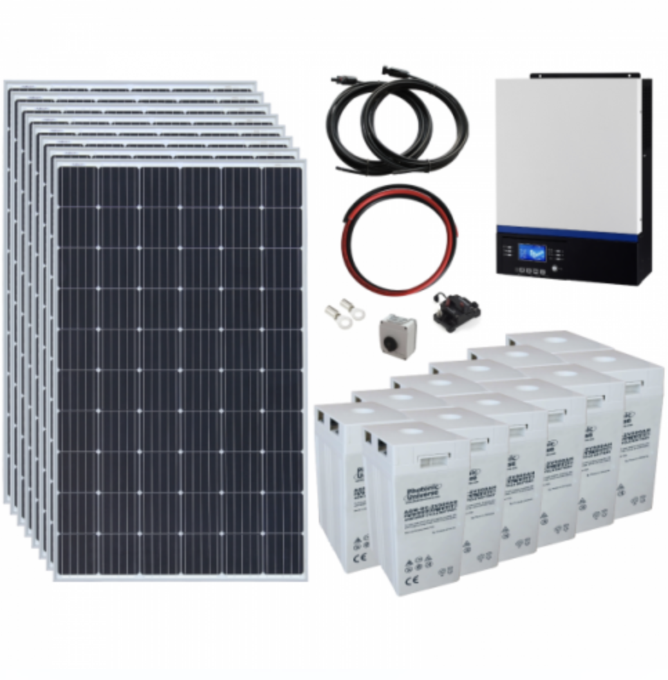 2.4Kw 24V Complete Off-Grid Solar Power System With 8 X 300W Solar Panels, 3Kw Hybrid Inverter And A 12Kwh Battery Bank