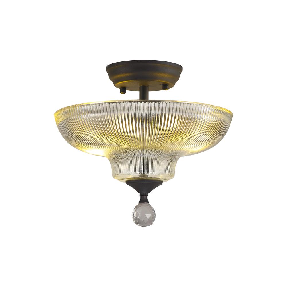 Luxuria Sirius Flush Ceiling Light 2xE27 With Round 30cm Glass Shade Graphite/Clear