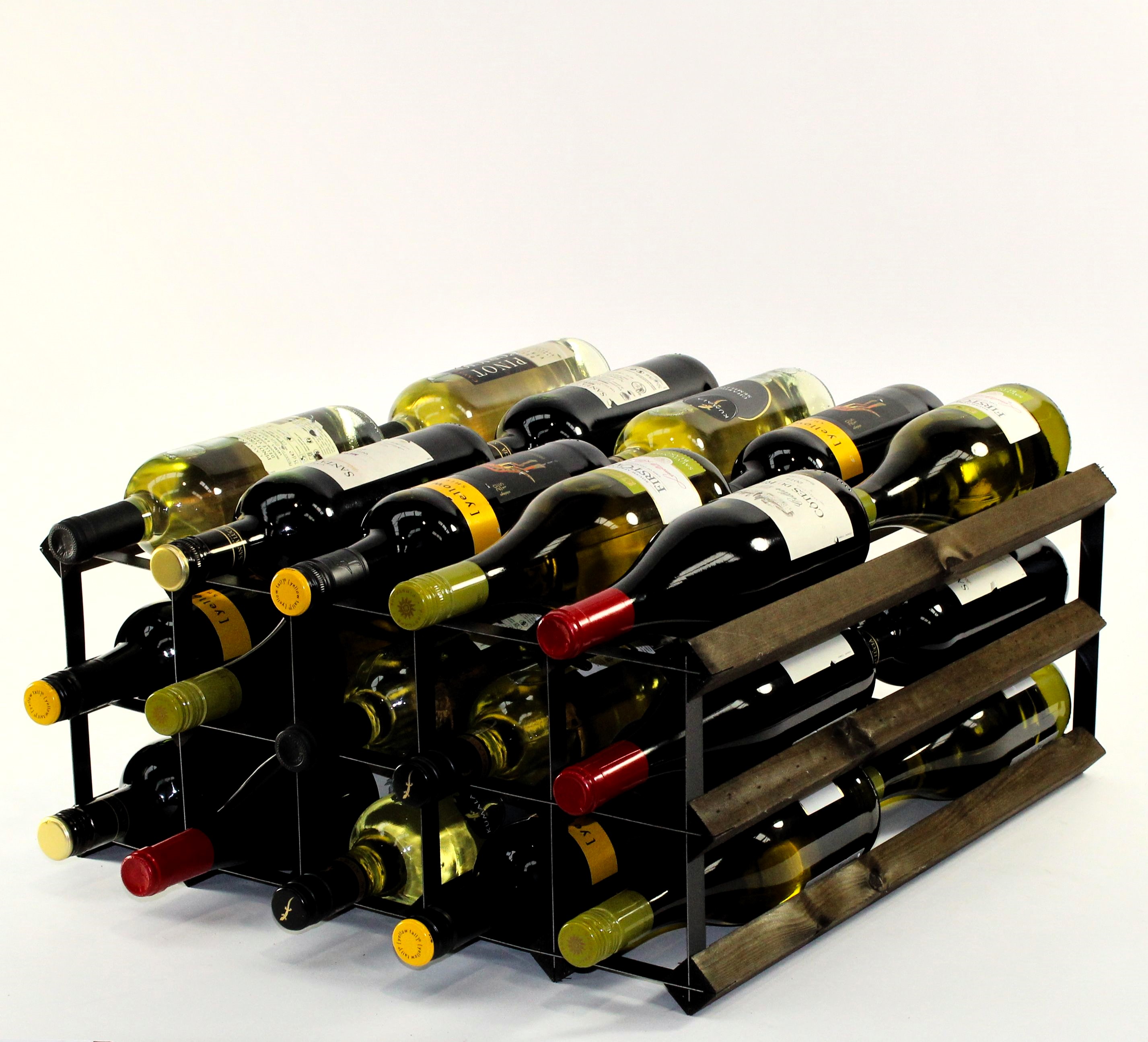 Double depth 30 bottle wine rack - Dark Oak stain wood - Black metal