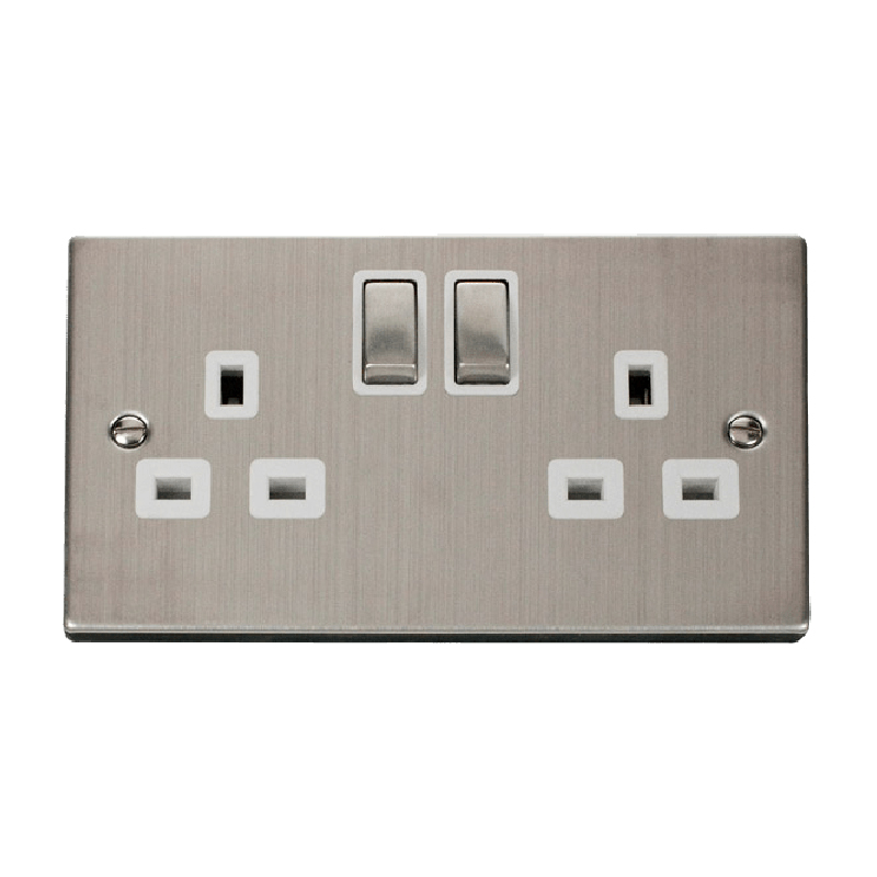 Click Deco 2 Gang 13A DP 'Ingot' Switched Socket Outlet (Twin Earth) Stainless Steel Insert White