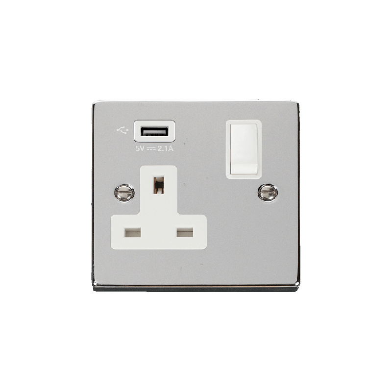 Click Deco 13A 1G Switched Socket with Single 2.1A USB Polished Chrome Insert White