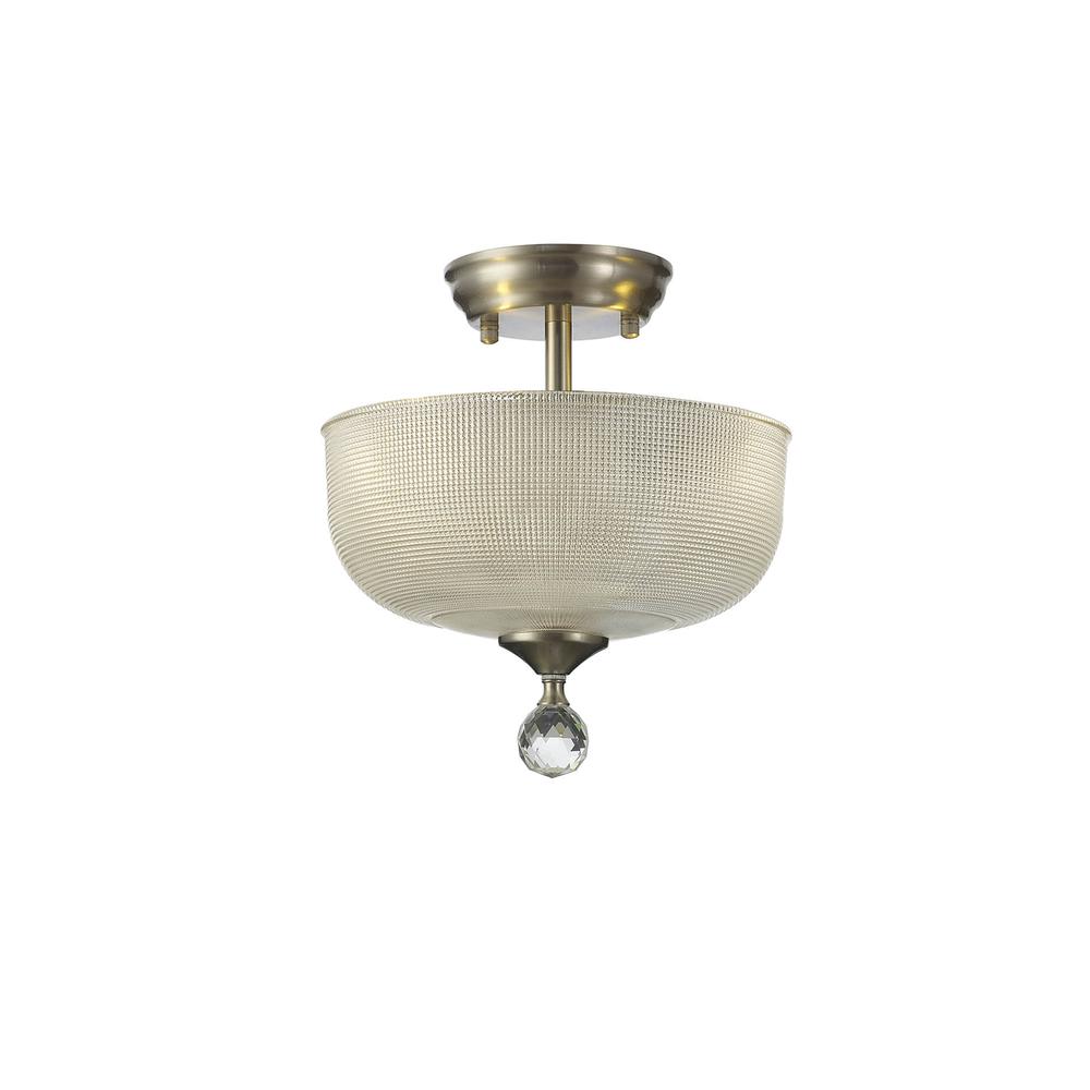 Luxuria Sirius Flush Ceiling Light 2xE27 With Round 26.5cm Prismatic Effect Glass Shade Satin Nickel/Clear