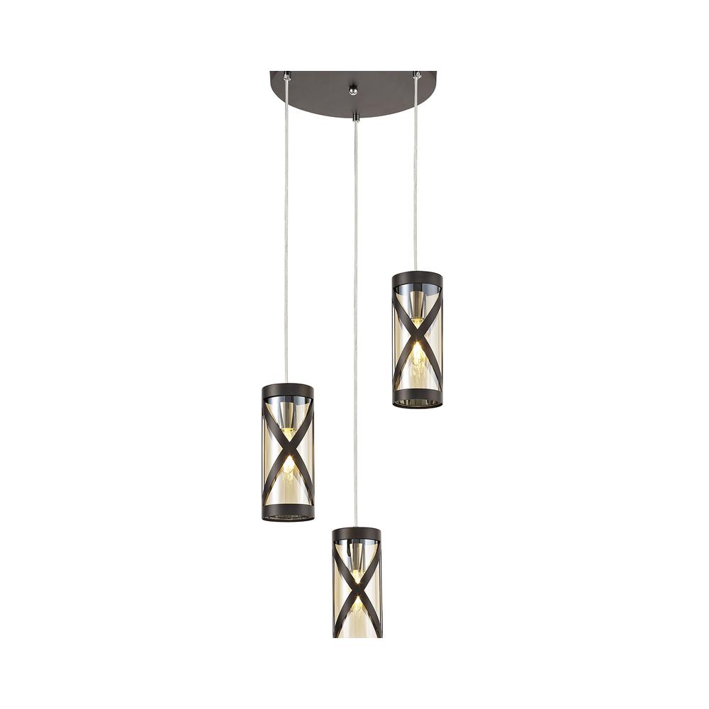 Luxuria Luminex 32cm 3 Light Round Pendant E14 Oiled Bronze/Polished Chrome/Amber