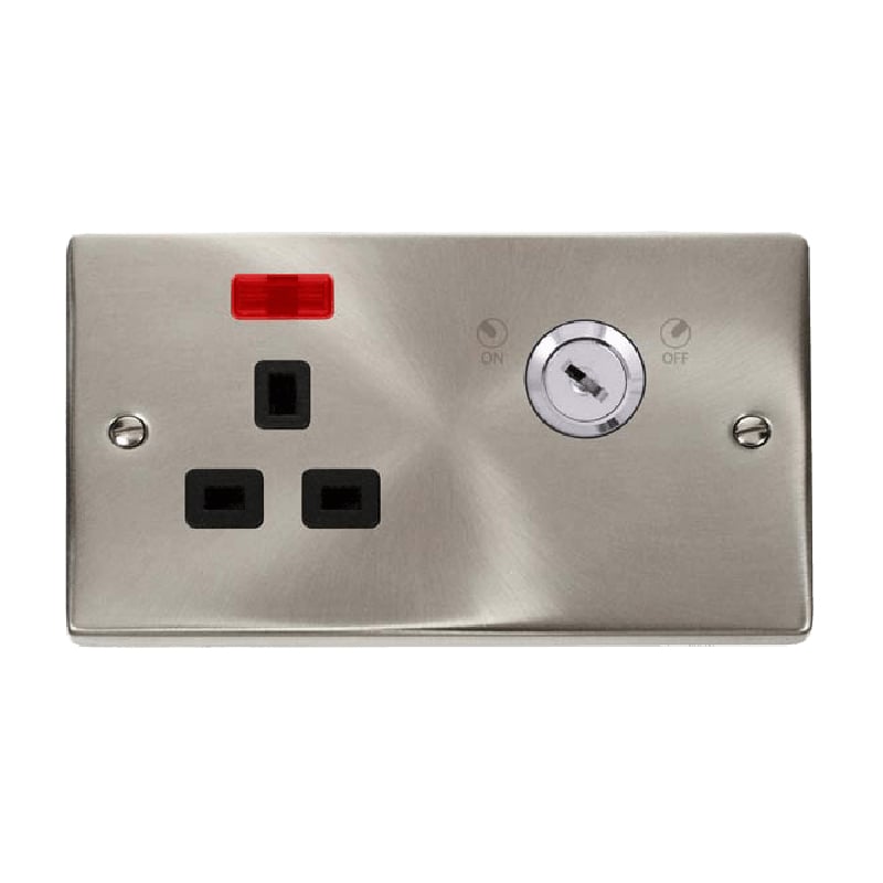 Click Deco 13A 1G Double Pole Key Lockable Socket with Neon Satin Chrome Insert Black