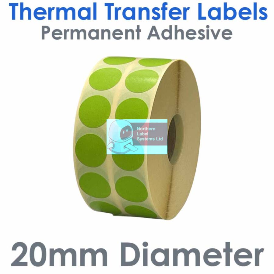 020DIATTNPG2-5000, 20mm Diameter Circle 2 Across, GREEN, Thermal Transfer Labels, Permanent Adhesive, 5,000 per roll, FOR SMALL DESKTOP LABEL PRINTERS