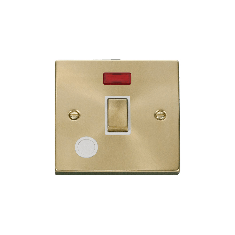 Click Deco 20A 1 Gang DP 'Ingot' Switch With Flex Outlet and Neon Satin Brass Insert White