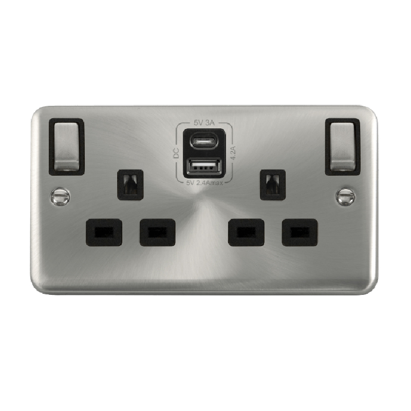 Click Deco Plus 13A Ingot 2G Switched Socket Outlet With Type A & C USB 4.2A Outlets Satin Chrome Black Inserts