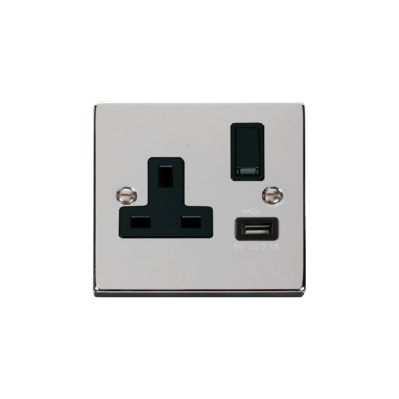 Click Deco 13A 1G Switched Socket Outlet With USB Outlet Polished Chrome Insert Black