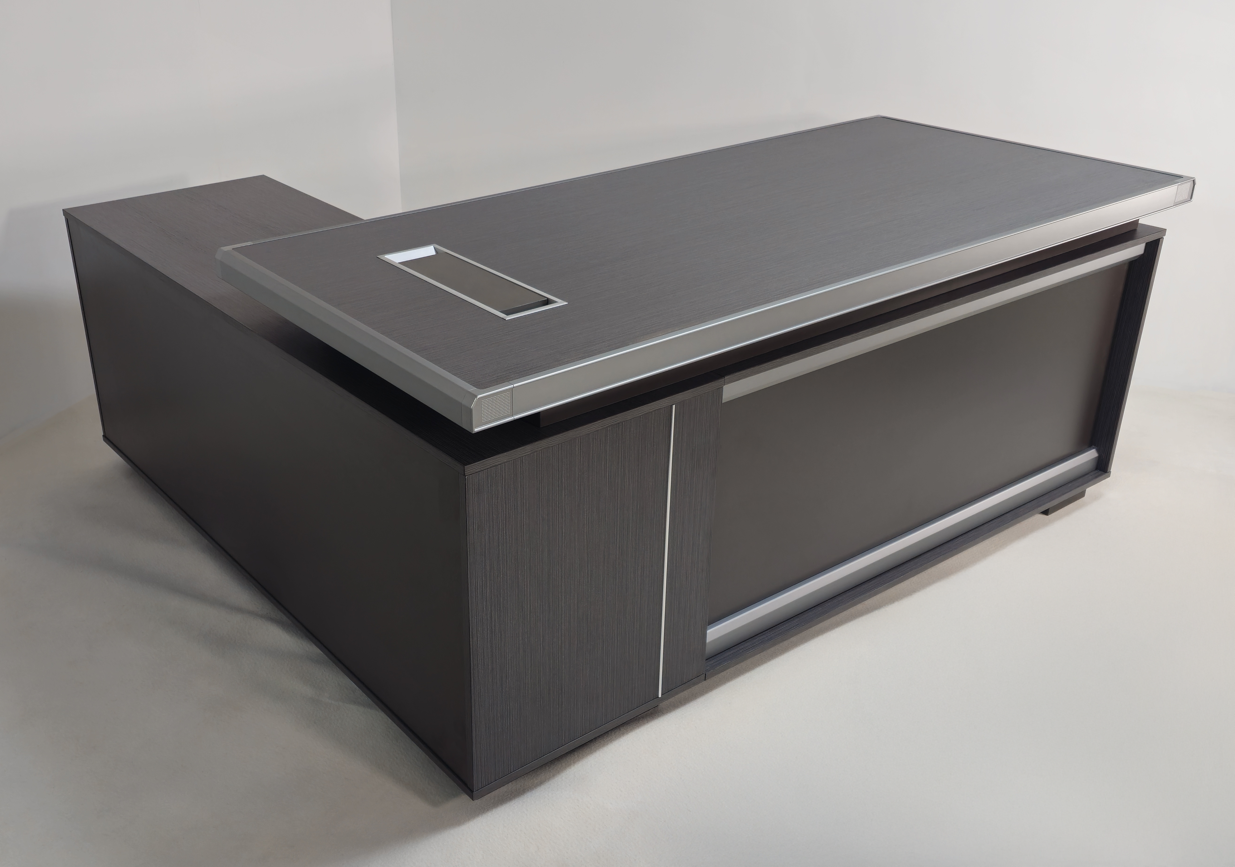Specialising In Modern Grey Oak Melamine Office Desk with Integrated Storage & Aluminium Trim – Corner Design - 1800mm or 2000mm - DGWK-C-D05 UK