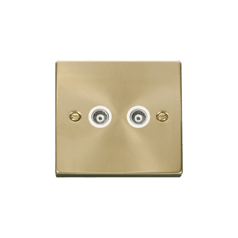 Click Deco Twin Isolated Coaxial Socket Outlet Satin Brass Insert White