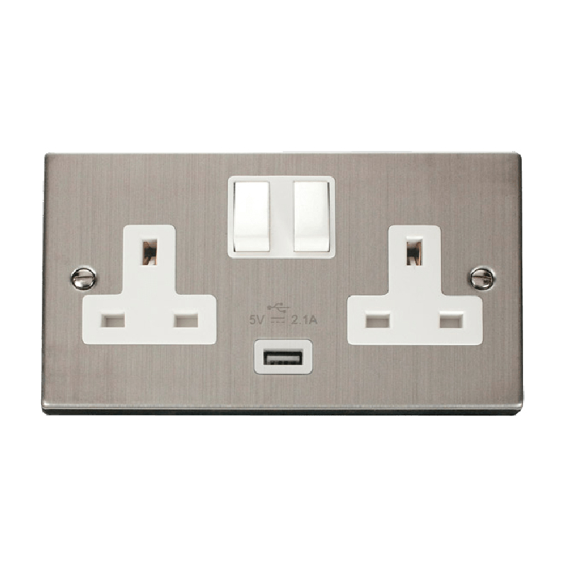 Click Deco 13A 2G Switched Socket With USB Outlet Stainless Steel Insert White