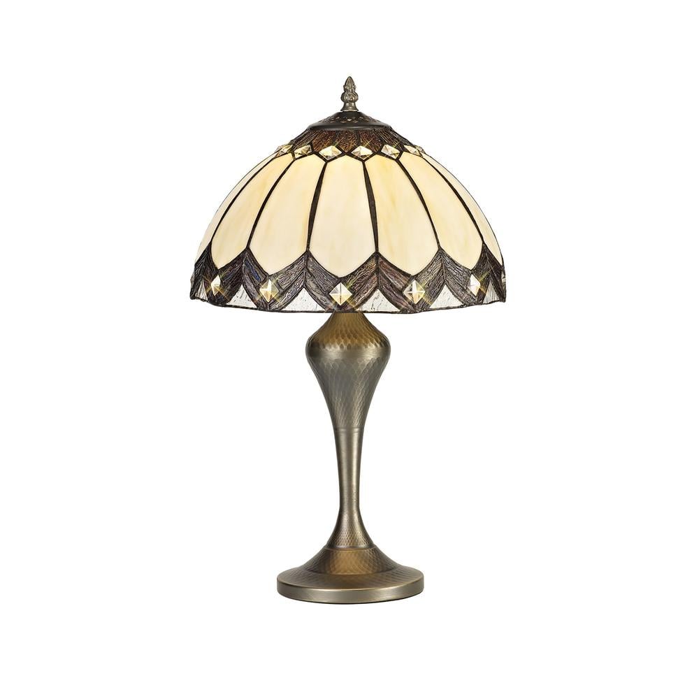 Luxuria Reverie Tiffany Table Lamp E27 Aged Antique Brass Base/Cream/Brown Glass/Clear Crystal