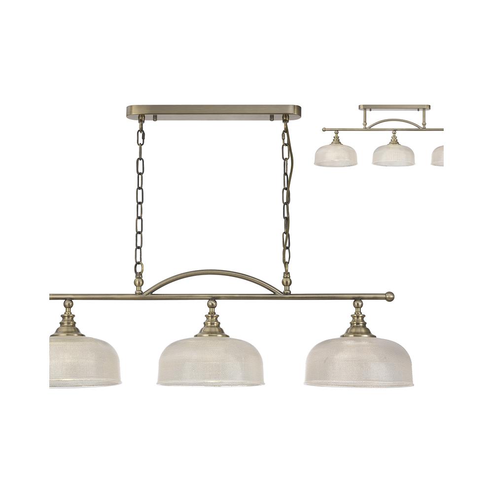 Luxuria Toussenel Semi Flush/Pendant Bar 3 Light Adjustable E27 Antique Brass/Prismatic Glass