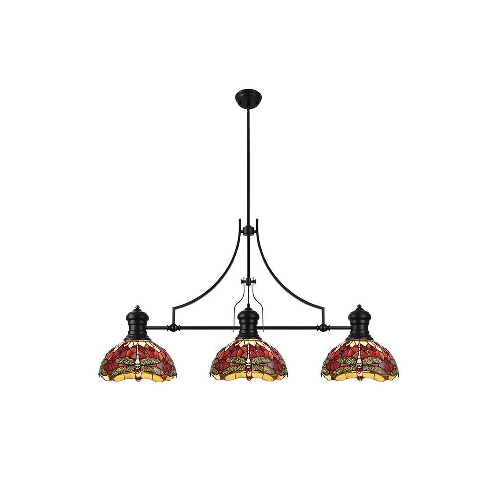 Luxuria Broadway 3 Light Linear Pendant E27 With 30cm Tiffany Shade Matt Black Purple Pink Crystal