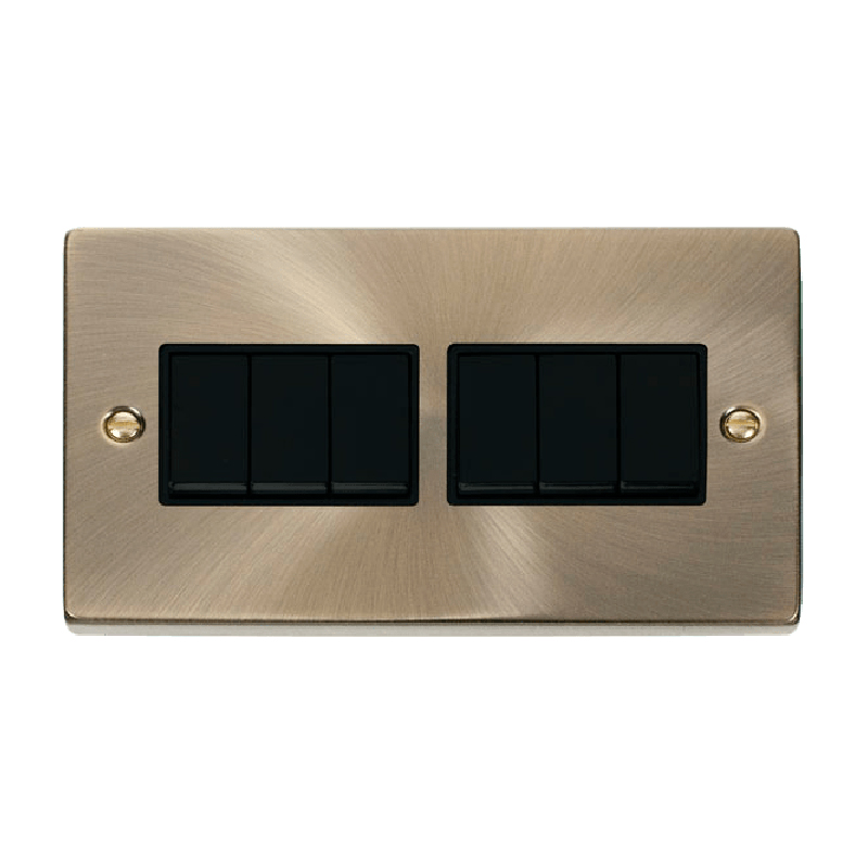 Click Deco 6 Gang 2 Way 10AX Switch Antique Brass Black Inserts