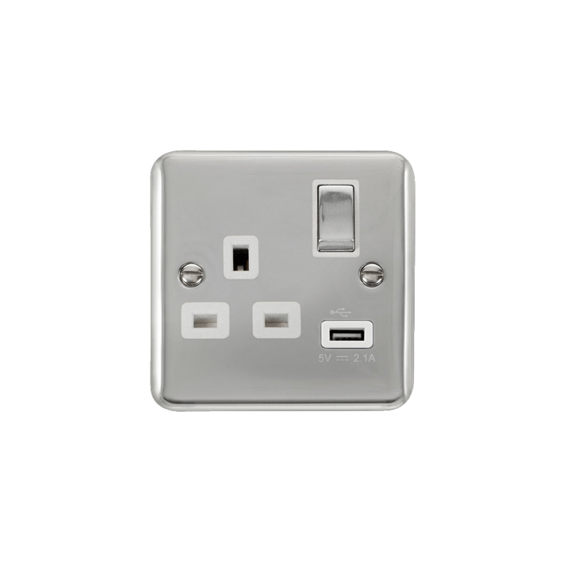 Click Deco Plus 13A Ingot 1G Switched Socket Outlet With USB Outlet Polished Chrome Insert White