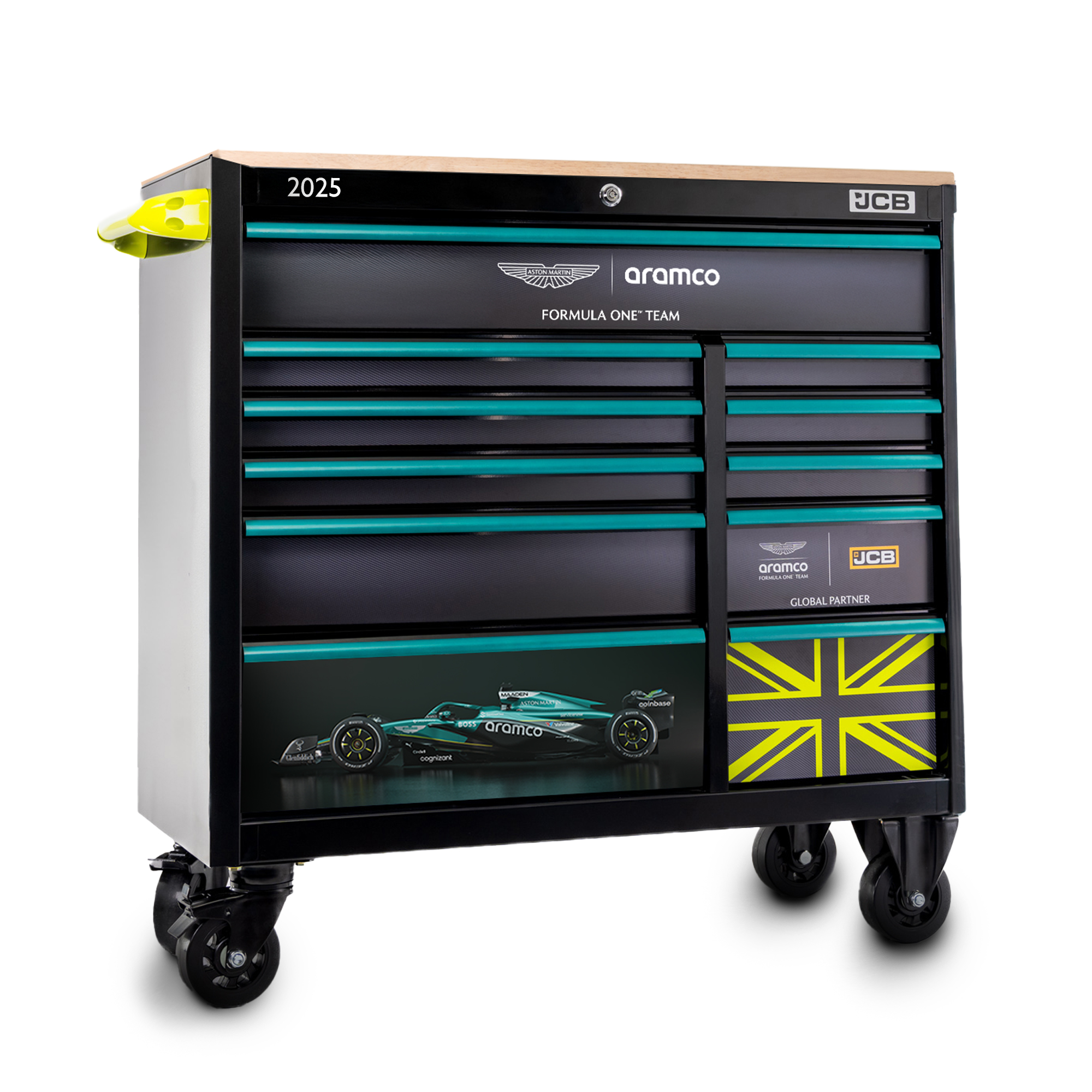 Aston Martin Aramco Formula One® Team x JCB 42” Steel 11 Drawer Roller Cabinet with Hardwood Worktop 