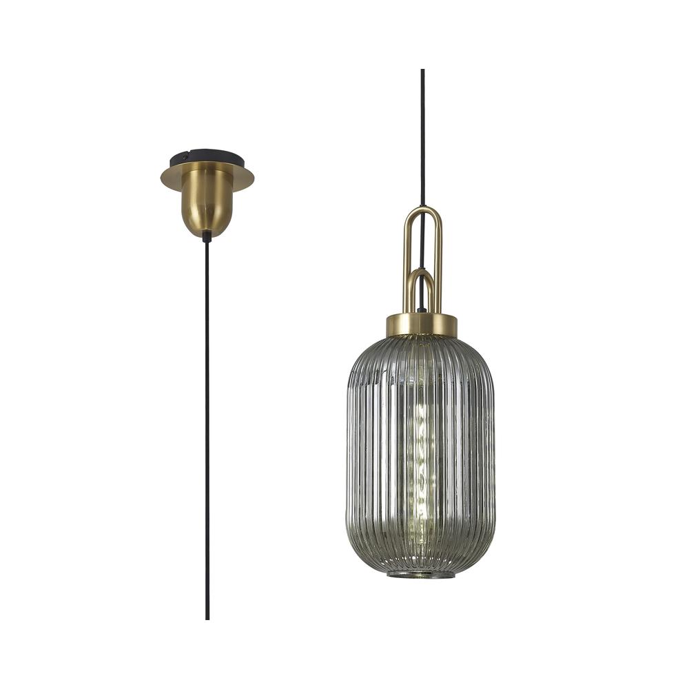 Luxuria Kennith Pendant Light E27 With 20cm Tubular Ribbed Glass Smoked Brass Gold/Matt Black