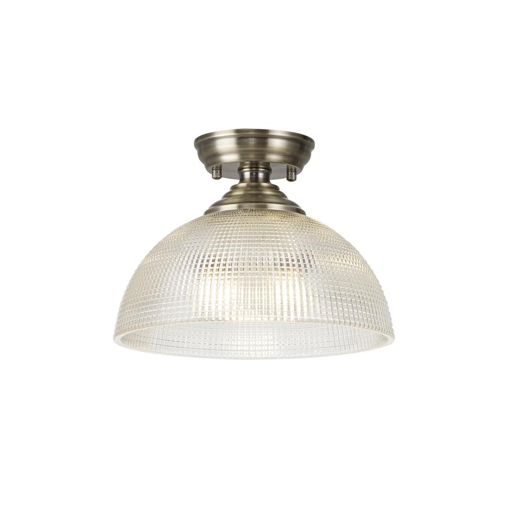 Luxuria Sirius Flush Ceiling Light E27 With Round 30cm Prismatic Effect Glass Shade Antique Brass/Clear