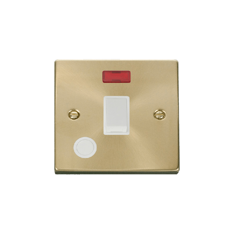 Click Deco 20A 1 Gang DP Switch with Flex Outlet and Neon Satin Brass Insert White