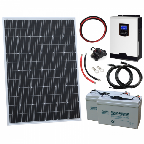 250W 12V Complete Off-Grid Solar Power System With 250W Solar Panel, 1Kw Hybrid Inverter And 2 X 100Ah Batteries