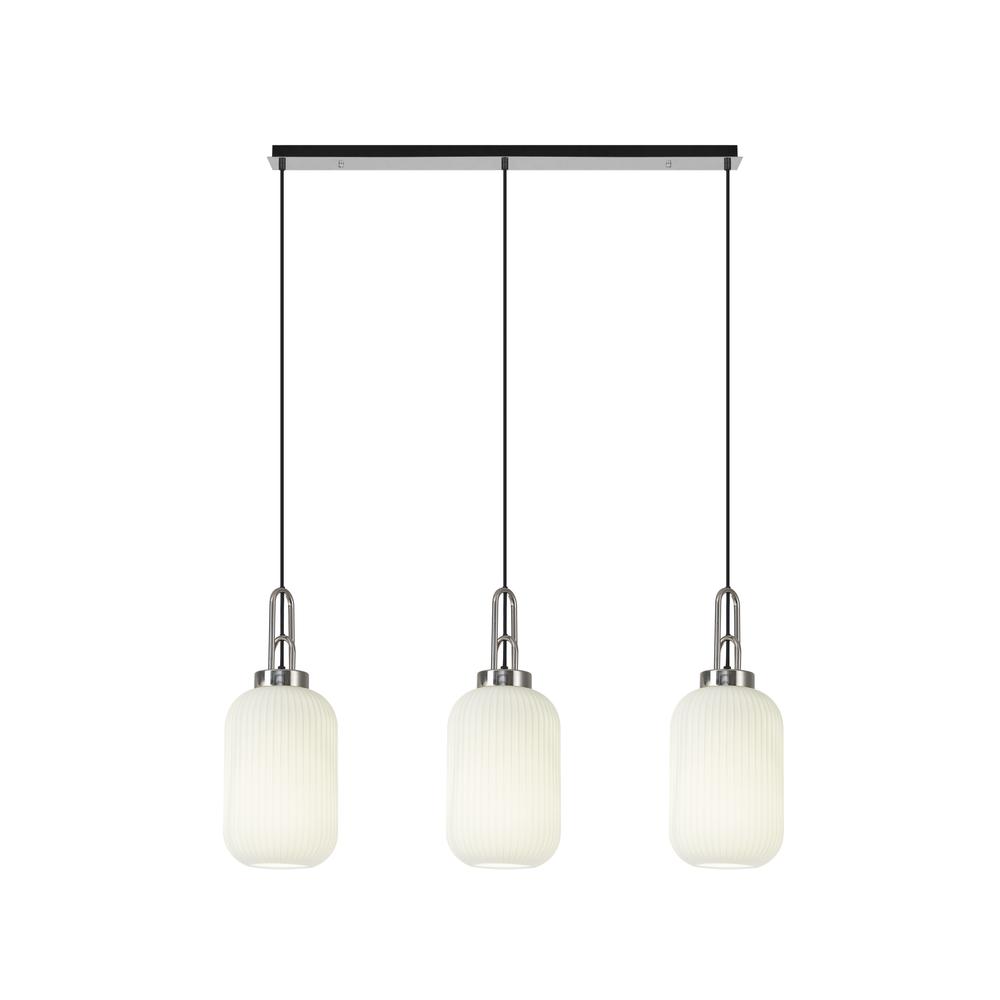 Luxuria Kennith Linear 3 Light Pendant E27 With 20cm Tubular Ribbed Glass Opal Polished Nickel/Matt Black