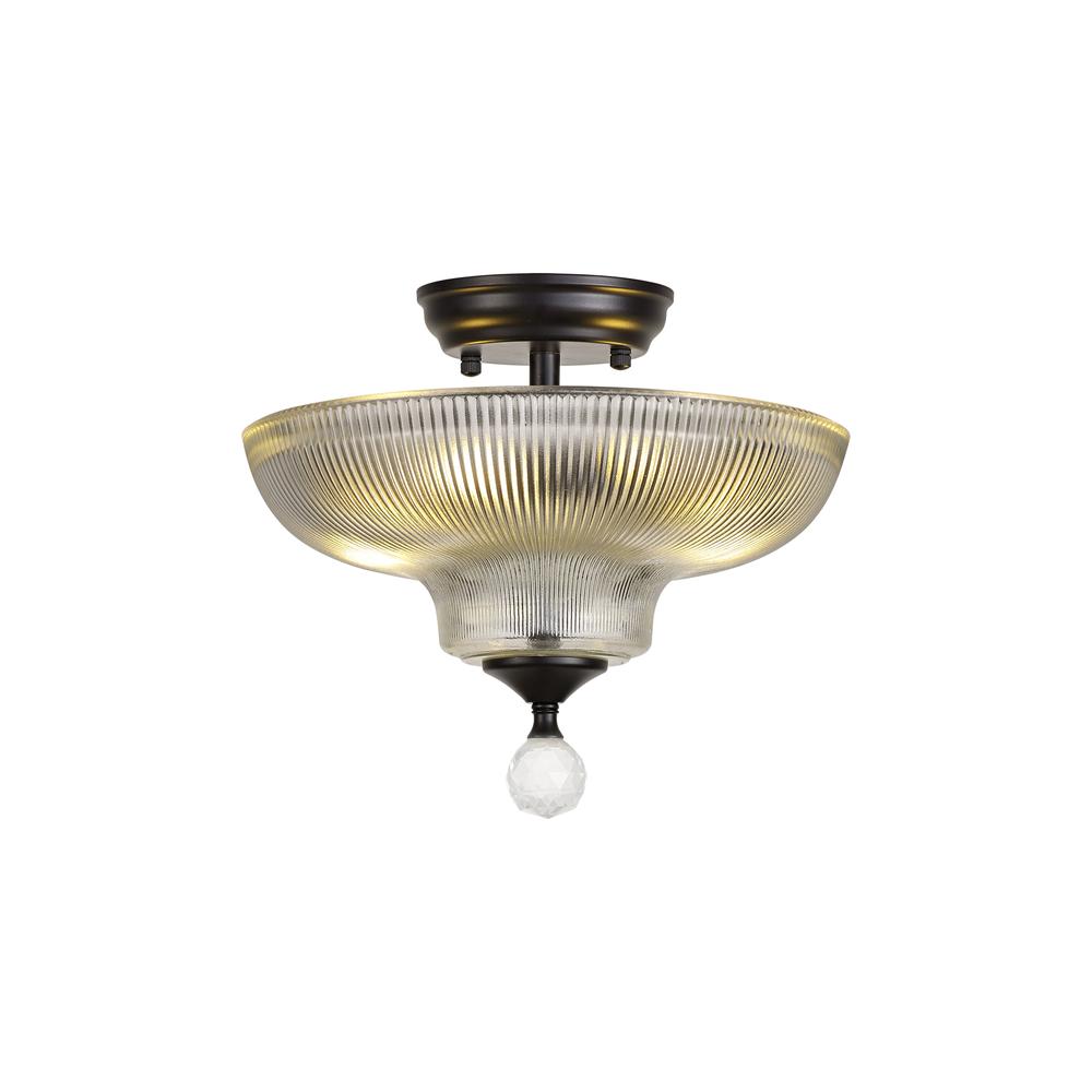 Luxuria Sirius Flush Ceiling Light 2xE27 With Round 30cm Glass Shade Matt Black/Clear