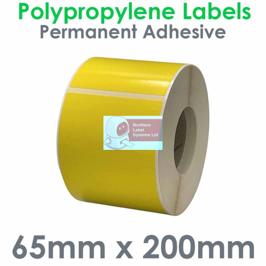 065200GPNRY1-250, 65mm x 200mm YELLOW Polypropylene Label, Removable Adhesive, 250 per roll FOR SMALL DESKTOP LABEL PRINTERS