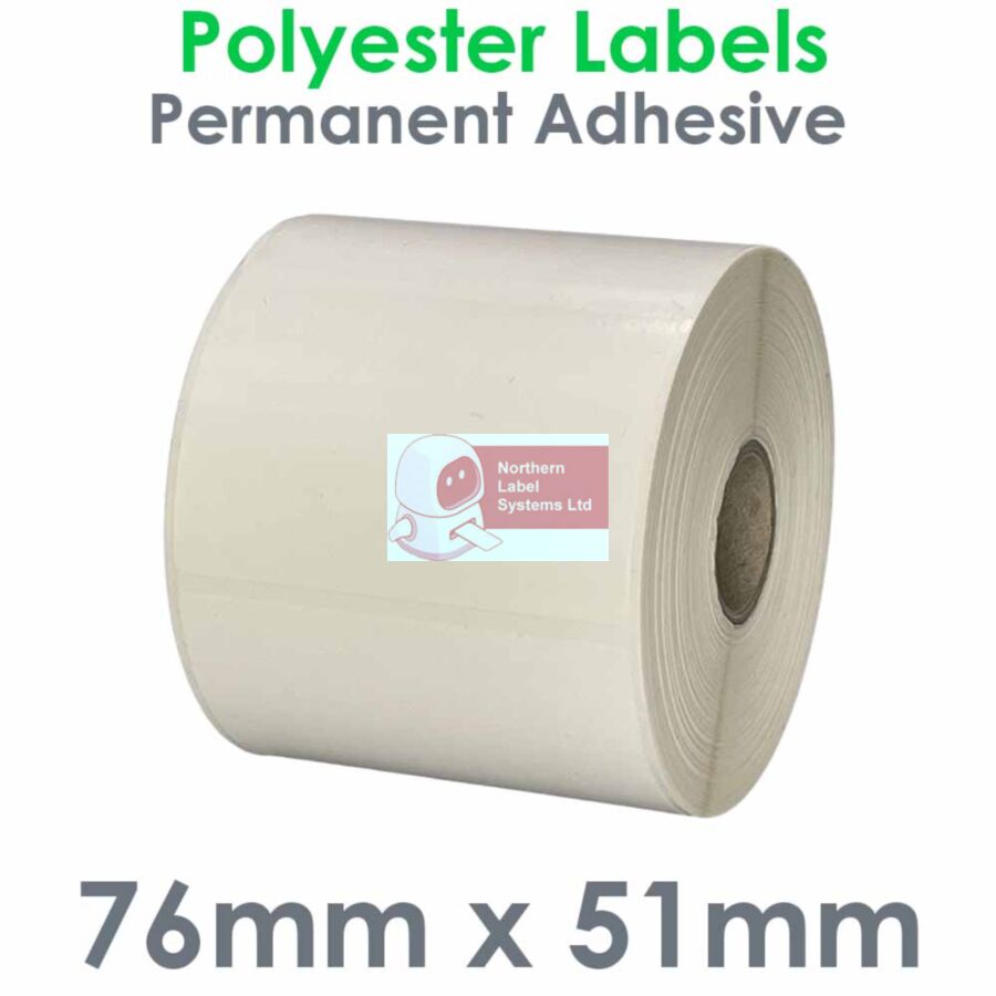 076051PYYPW1-1000, 76mm x 51mm Gloss White Polyester Label, Permanent Adhesive, FOR SMALL DESKTOP LABEL PRINTERS