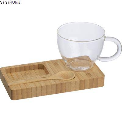 BAMBOO TRAY with Spoon & Glass Mug in Beige.