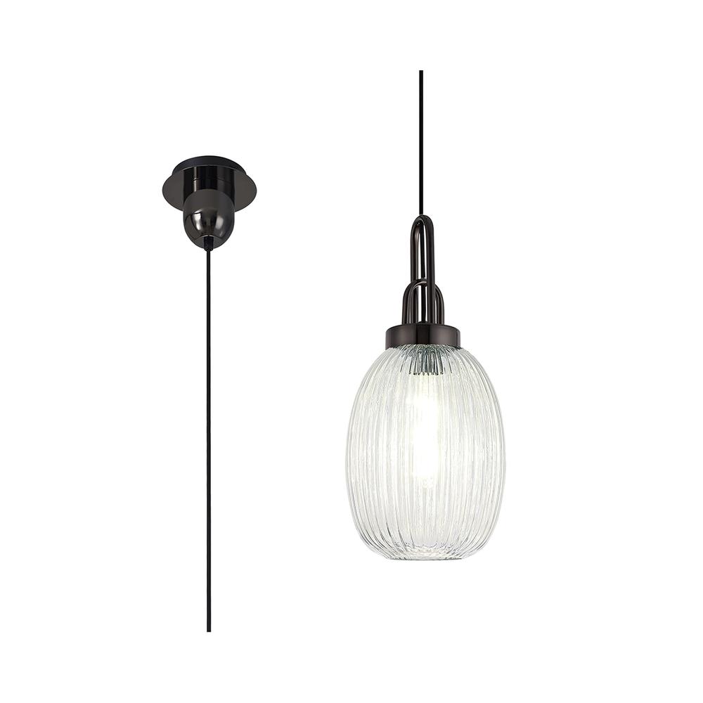 Luxuria Kennith Pendant Light E27 With 20cm Almond Ribbed Glass Clear Black Chrome/Matt Black