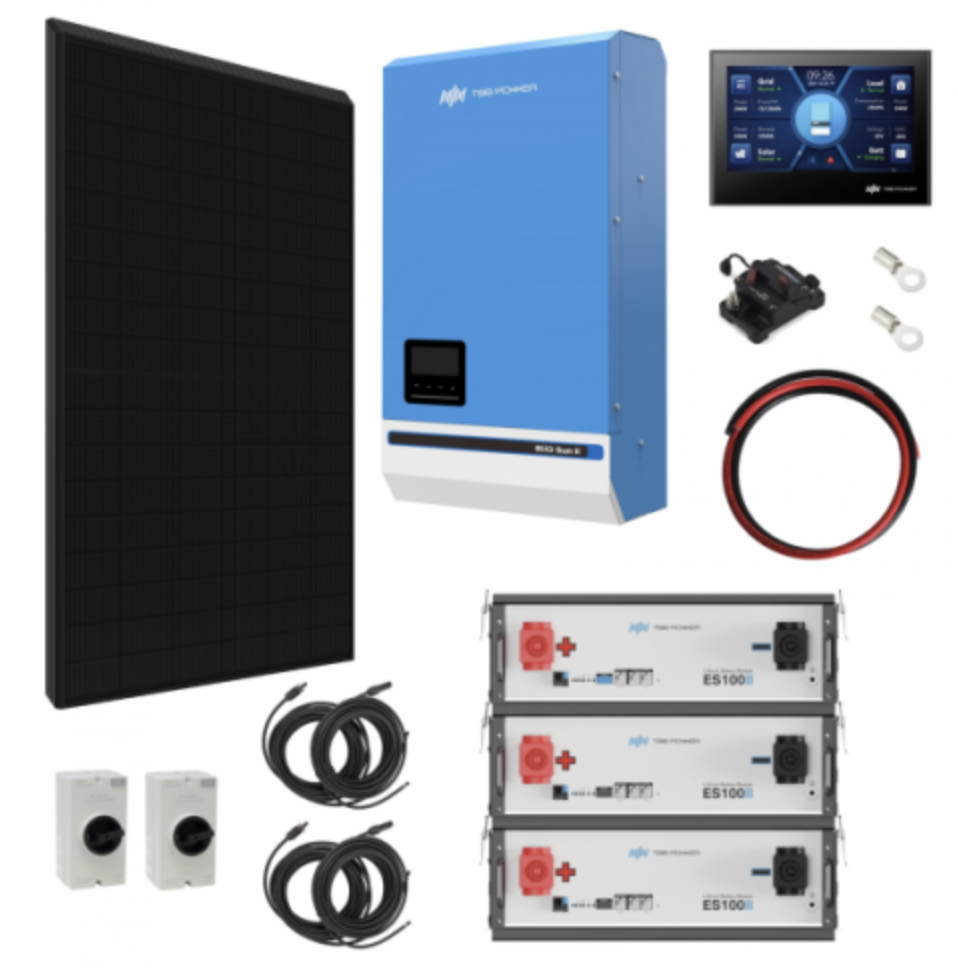 TBB Power 3.52Kw 48V Complete Off-Grid Solar Power System With 8 X 430W Sharp Solar Panels, 5Kw TBB Power Riiosun Hybrid Inverter And 3 X TBB Power Es100Ii 105Ah Batteries With Mounting Brackets