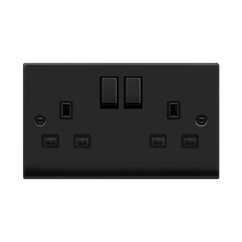 Click Deco 2 Gang 13A DP 'Ingot' Switched Socket Outlet (Twin Earth) Matt Black Insert Black