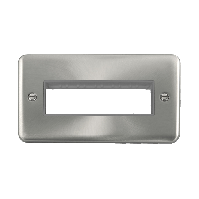 Click Deco Plus 2 Gang MiniGrid 6 Apertures Unfurnished Plate Satin Chrome Grey Inserts