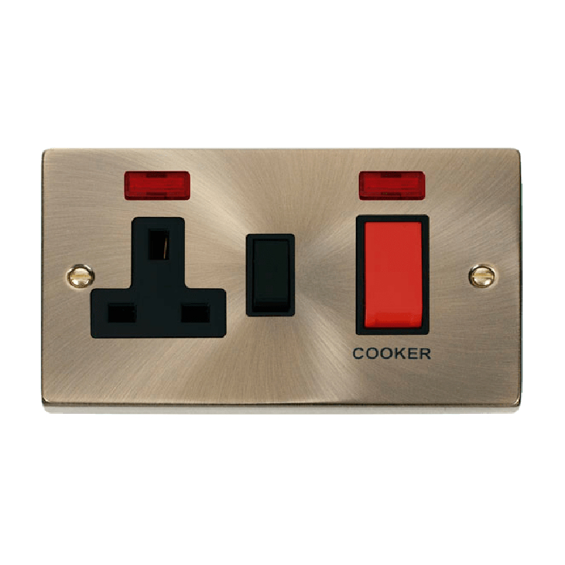 Click Deco 45A DP Switch with 13A Switched Socket and Neons Antique Brass Insert Black