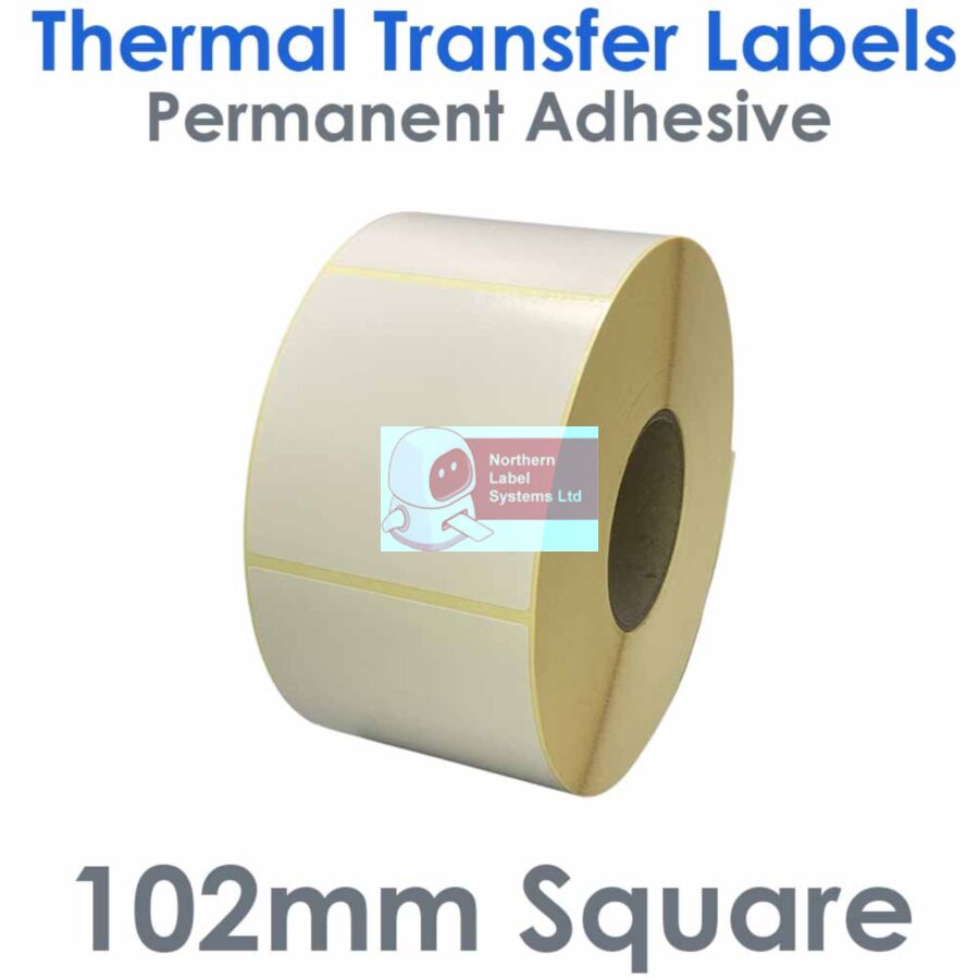 102102TTYPW1-2000, 102mm x 102mm, Permanent Adhesive, Thermal Transfer Labels, 2,000 per roll, FOR LARGER LABEL PRINTERS