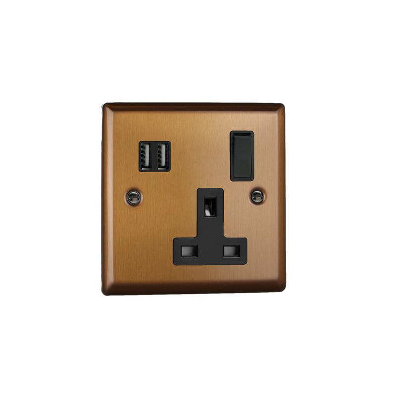 Varilight Urban 1G 13A SP Switched Socket with USB Charging Ports Brushed Bronze (Standard Plate)